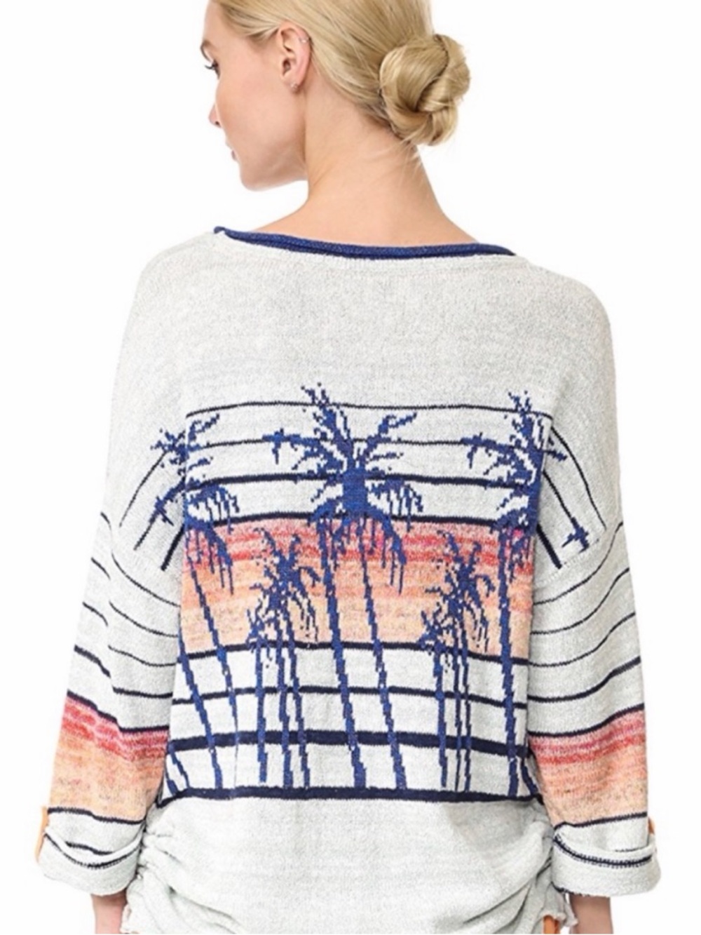 Free People Women's Palm Tree Breeze Knit Ruched Sweater Pullover Top Sunset S - Picture 3 of 11